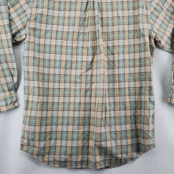 L L Bean Shirt Men's 3/4 Sleeve Button Up Reg Fit Plaid Green Blue Cream Medium - Picture 9 of 12
